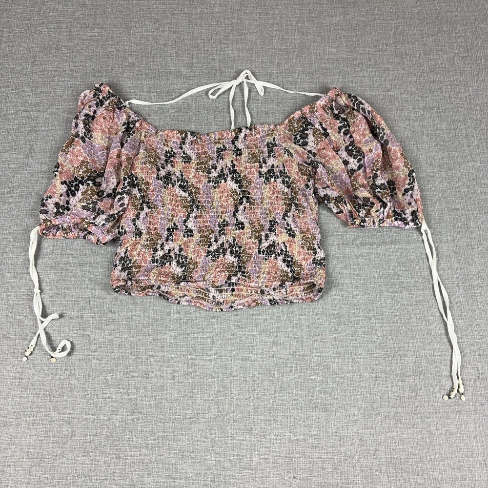 Free People Blouse Womens Small Off Shoulder Puff Sleeve Cropped Floral